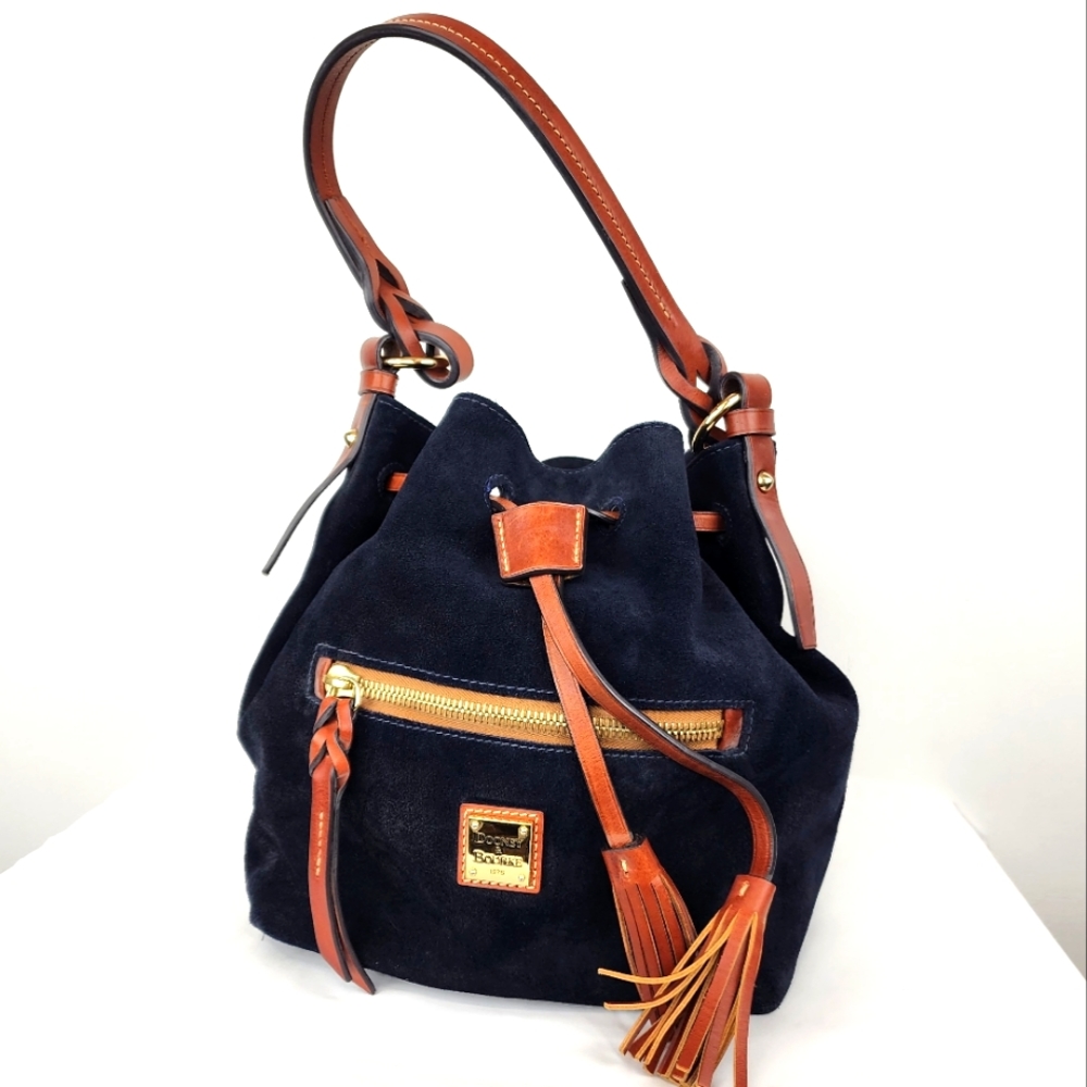 Dooney & Bourke navy blue suade with tan leather straps medium size
